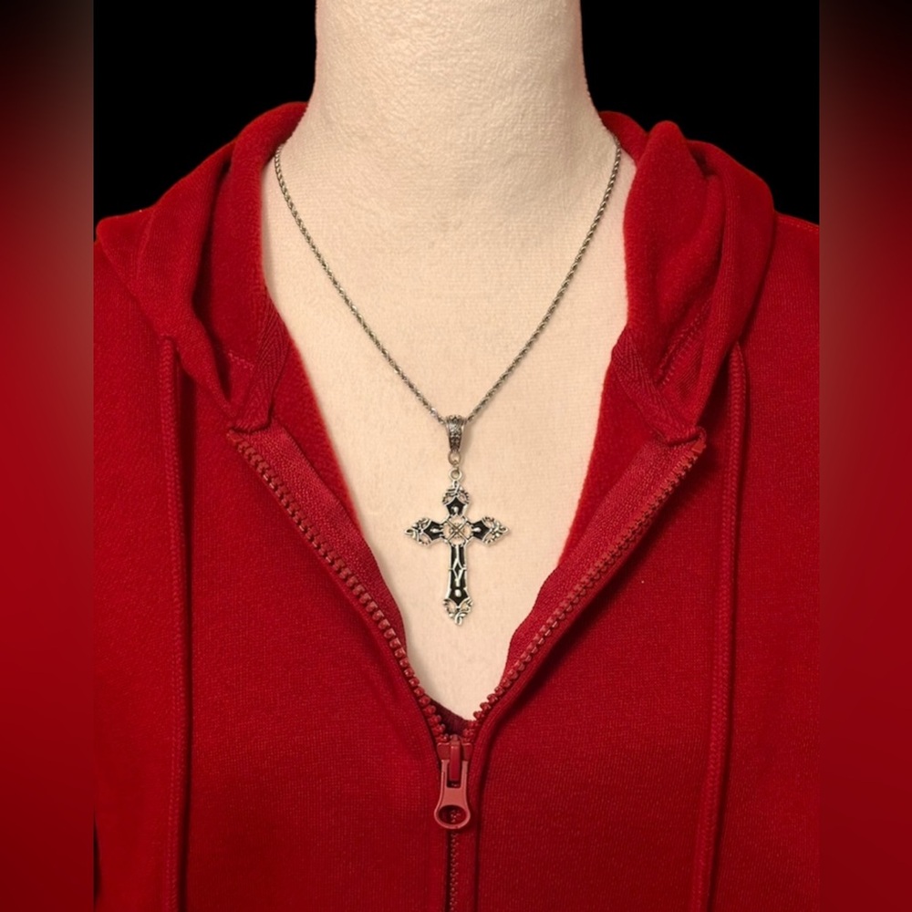 Silver Statement Cross Pendant Necklace Goth Punk Religious Victorian Vintage